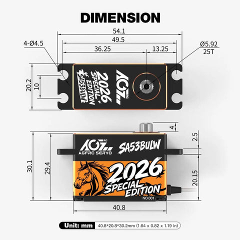 Beefy 34Kg Low Profile RC Servo Motor With 16.8V Direct Power Waterproof Programmable Brushless Smart Servo SA53BULW 2026 dimensions