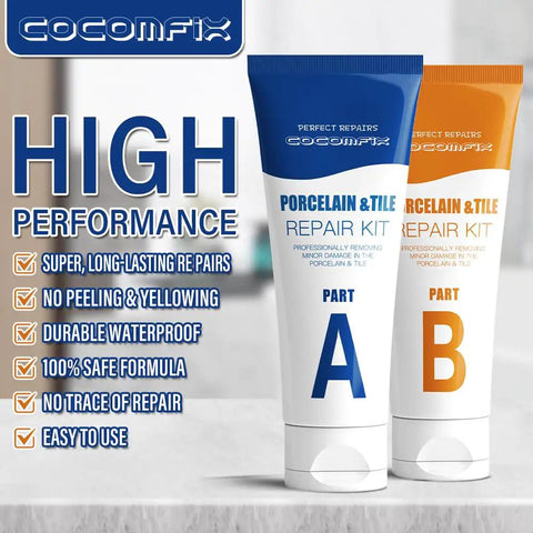 White Porcelain Repair Kit For High Gloss Sinks Tiles And Tubs Quick Chip Crack Hole Fix With Ultra Bond Strength Ceramic And Enamel Repair For Toilet And Shower Tray Waterproof And Durable Finish For Everyday Use showing tubes A and B with high performance text.