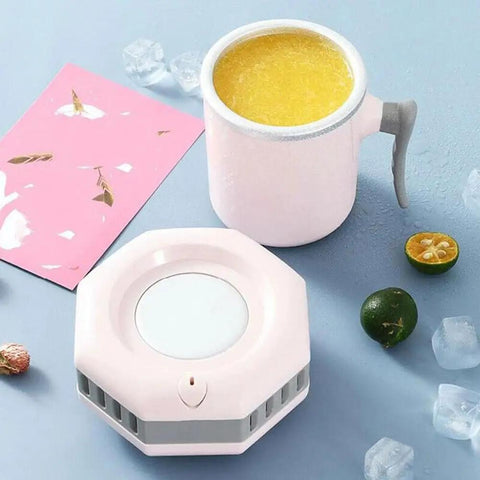 Self Heating And Cooling Smart Mug Keeps Your Beverage On Point With One Button 14 Oz Portable Thermoelectric Cup For Office Desk Home Use Ideal Gift In Fresh Green next to cooling device and fresh fruits.
