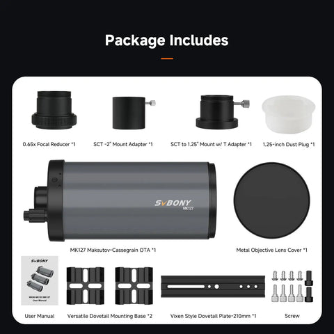 127mm Mak Telescope For Stargazing And Deep Sky Imaging With F11.8 Aperture, Versatile OTA For Adults, Beginner Friendly Setup, Sharp Detail On Distant Galaxies And Nebulae, Ideal Entry To Amateur Astronomy. Package includes MK127 OTA, adapters, cover, base, plate, screws