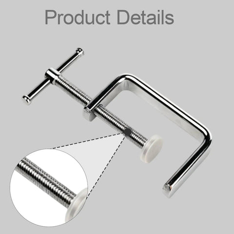 G Clamp Hand Tool For Tightening With Precise Threaded Screw And Ergonomic T Handle, chrome finish, close-up of screw thread, 9 cm