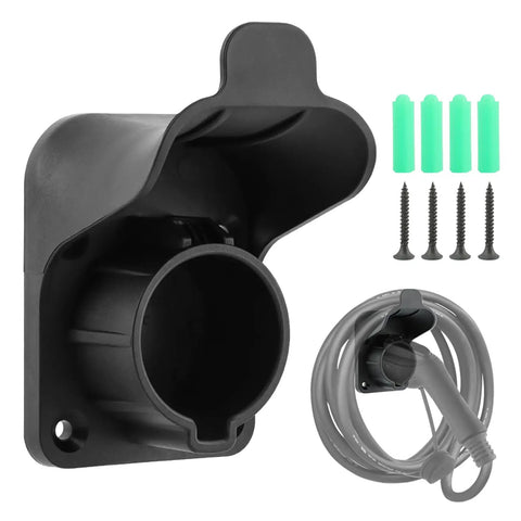 Heavy Duty Wall Mount Ev Charger Holder For SAE J1772 Plugs, black nylon design with screws and charging cable organizer.