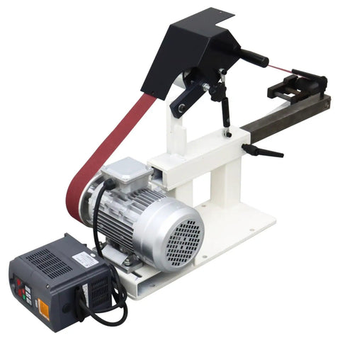 Garage Beast Variable Speed Belt Sander And Metal Polisher With A Wide 72 To 82 Inch Sanding Belt And 3 Grinding Wheels Paired With A Rock Solid Base 110V on a workbench with a motor.
