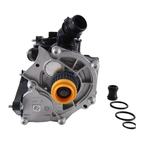 Direct Bolt In Thermostat Housing Assembly For Vw Golf Audi A3 A4 2012 To 2017 showing front view with yellow cap and accompanying seals.