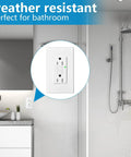 100 Pack 15 Amp 125 Volt Gfci Outlets With Crisp Led Indicators And Built Tough Weatherproof Housing For Patios Or Workshops Along With Nice Wall Plates And Fasteners For Total Electrical Worry Free Setup, installed in modern bathroom.