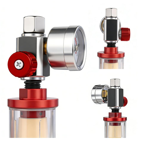 Air Compressor Regulator And Flow Control Valve With Pressure Gauge And Oil Water Separator For Pneumatic Tools, close-up view