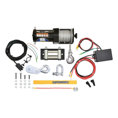 2000 Pound 12 Volt ATV Winch with Low Amp Permanent Magnet Motor, 153 to 1 Gear Ratio, and accessories, top view