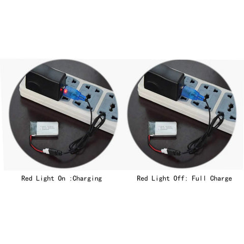 2 Pack 3.7V 1200mAh 25C LiPo Battery With USB Charger showing charging status, red light on for charging, off for full charge