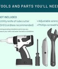 Tools needed for installing Under Sink Full Flow Water Filter System Cyst FF, including drill, wrench, knife, and screwdriver.