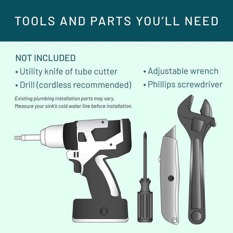 Tools needed for installing Under Sink Full Flow Water Filter System Cyst FF, including drill, wrench, knife, and screwdriver.