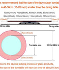 Diagram showing size recommendations for Large Round Lazy Susan Turntable Glides Smooth As Butter Dual Plate Connection Heavy Duty Tempered Glass Serving Tray.