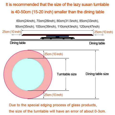 Diagram showing size recommendations for Large Round Lazy Susan Turntable Glides Smooth As Butter Dual Plate Connection Heavy Duty Tempered Glass Serving Tray.