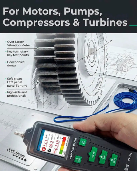 Workhorse Industrial Vibration Meter VM 422 With Memory For Trend Tracking, 3 In 1 Vibration Diagnostics, Measures Acceleration 0.1 To 199.9 m/s2, Velocity 0.1 To 199.9 mm/s, Displacement 0.001 To 1.999 mm, 10 Hz To 4 kHz, 500 Data Storage. handheld vibration meter on motor gear for maintenance checks