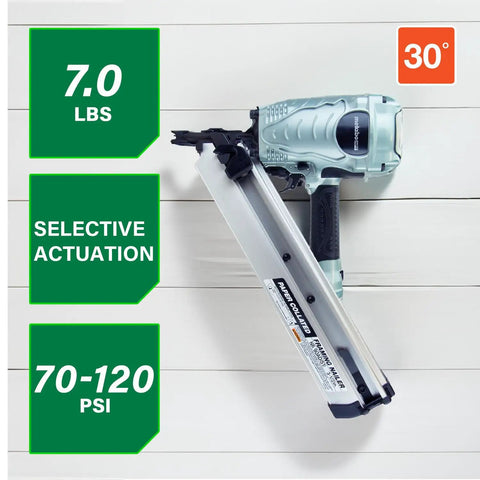 Pro Grade Framing Nailer For Roofing, Flooring, Truss Build Up, Subfloor And Decking With Quick Switch Nailing And Three And One Half Inch 30 Degree Paper Collated Nails NR90ADS1 showing 7 lbs weight and 30-degree angle