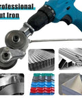 Universal Power Drill Sheet Metal Cutter Attachment Heavy Duty Steel Shear Clip For Copper Aluminum Iron Up To 1.5 Mm detail image of drill cutting through metal.