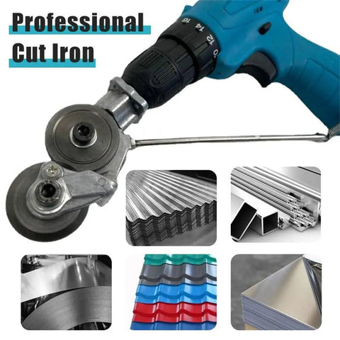 Universal Power Drill Sheet Metal Cutter Attachment Heavy Duty Steel Shear Clip For Copper Aluminum Iron Up To 1.5 Mm detail image of drill cutting through metal.