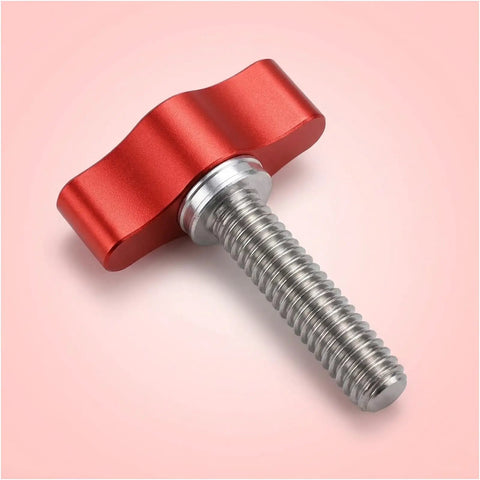 4 Pack 1/4 20 X 1 Inch Stainless Steel Thumb Screws Hella Durable Finger Bolts Rock Solid Grip For Quick Turns And Heavy Duty Workshop Assembly Applications close-up of red thumb screw with stainless steel thread.