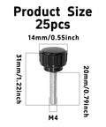 25 Pack M4 X 20mm Threaded Knurled Thumb Screws With Smooth Grip Knobs For Dead Simple Clamping And No Sweat Adjustments On Heavy Duty Tools And Shop Builds, showing dimensions and details.