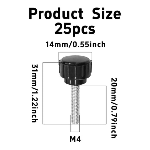 25 Pack M4 X 20mm Threaded Knurled Thumb Screws With Smooth Grip Knobs For Dead Simple Clamping And No Sweat Adjustments On Heavy Duty Tools And Shop Builds, showing dimensions and details.
