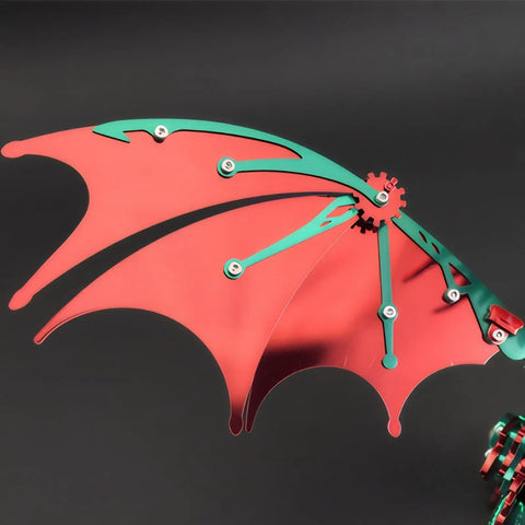 Close-up of red and green 3D Dope Metal Dragon Model Kit For Adults And Builders Mechanical Puzzle Building Set wing