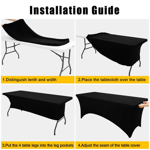 Installation guide for Two Pack Spandex Tablecloths 6 Ft Elastic Fitted Stretch Rectangular Patio Table Cover For Outdoor Tables Wrinkle Free And Washable Black 72x30x30 With Four Elastic Leg Pockets For Outdoor Parties And Weddings