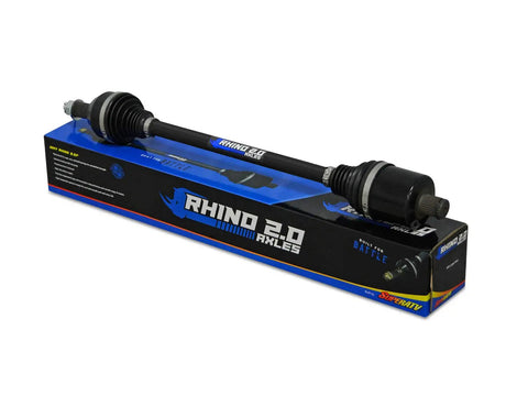 Beefed Up Rhino 2.0 Heavy Duty Rear Axles For Polaris RZR, 4340 Chromoly Steel, shown on packaging, 4mm Shaft Size Increase
