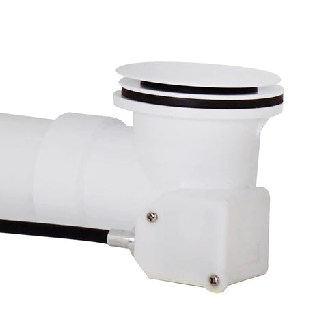No Sweat Installation 27 Inch Cable Drive Bath Drain Trim Kit Featuring Top Shelf Brass Rotary Overflow Knob And Secure Pop Up Stopper For Stress Free Plumbing Fixes White with white rotary overflow and drain assembly.