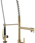 Beefy Commercial Kitchen Faucet With PreRinse Sprayer 28 Inch Tall Solid Brass Deck Mounted Sink Faucet In Brushed Gold Finish