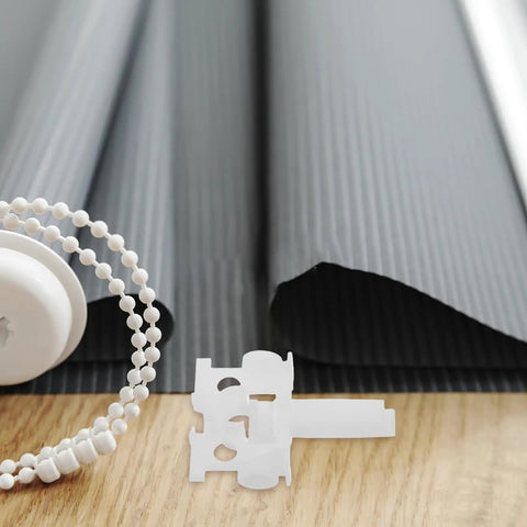 Dead Simple And Tough Vertical Blind Replacement Parts With Slick Pull Pulleys Plus Quick Fix Carrier Kits For Window Curtain Wands and Sturdy Plastic Home Office Repair Gear with white carrier kit and bead chain.