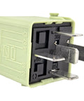 Close-up of Four Pack 12V DC 40A 5 Pin SPDT Automotive Relay for BMW E46 E90 E70 X5 Mini Cooper R56, showing metal pins and casing.