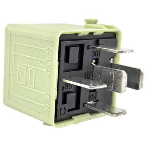 Close-up of Four Pack 12V DC 40A 5 Pin SPDT Automotive Relay for BMW E46 E90 E70 X5 Mini Cooper R56, showing metal pins and casing.