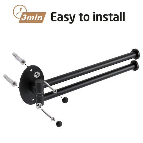 Top Shelf Swivel Towel Bar For Kitchen And Bathroom, 9 Inch Wall Mounted Black Stainless Steel Holder with installation details.