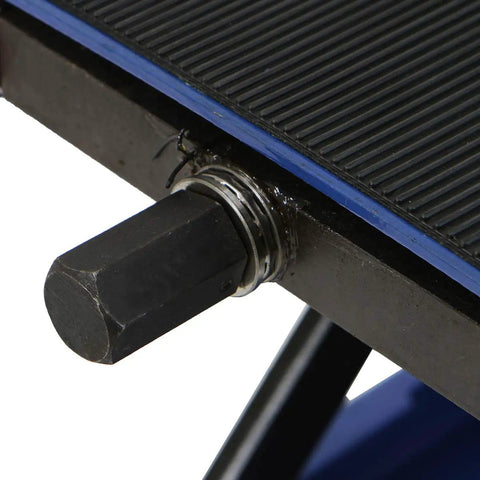 Close-up of the mechanism on Beefy 1100 Lb Capacity Motorcycle Lift With Wide Deck Center Crank Hoist For Dirt Bikes And ATVs.