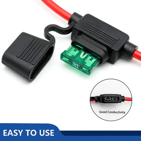 Heavy Duty 12 Gauge Inline Fuse Holder Red 6 Pack For 30 Amp Blade Fuses with waterproof lid and fuse visible