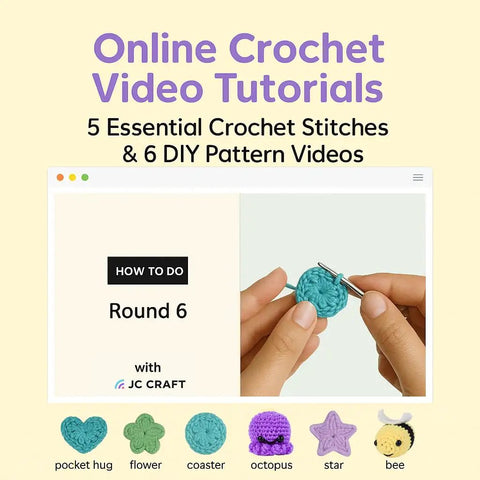 Image showing hands crocheting with Deluxe Beginner Crochet Kit Bundle With 116 Piece Set and online tutorial interface.