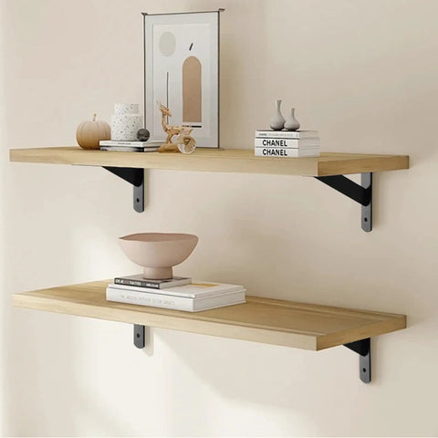Wall-mounted wooden shelves supported by 12 Pack 16 By 10 Inch Built Like A Tank Metal L Shaped Shelf Brackets with decor items
