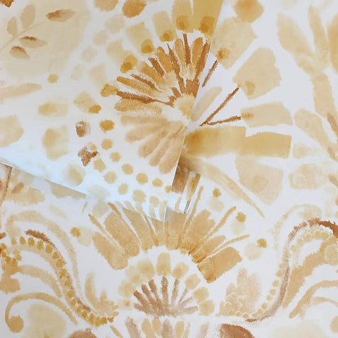 Yellow Boho Bohemia Damask Easy Peel And Stick Wallpaper Removable Self Adhesive Watercolor Design Repositionable No Glue Needed No Residue 20.5In By 16.5Ft Made In USA showcasing watercolor saffron pattern close-up.