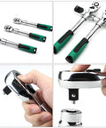 Heavy Duty Badass Shop Rated Steel Expanding Ratchet Wrench Featuring Lightning Fast 72-Tooth Swivel Action Quick Release Ergonomic Handle For All Standard Sockets, showing three ratchet wrenches and a close-up of quick release mechanism.