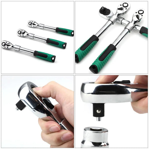 Heavy Duty Badass Shop Rated Steel Expanding Ratchet Wrench Featuring Lightning Fast 72-Tooth Swivel Action Quick Release Ergonomic Handle For All Standard Sockets, showing three ratchet wrenches and a close-up of quick release mechanism.