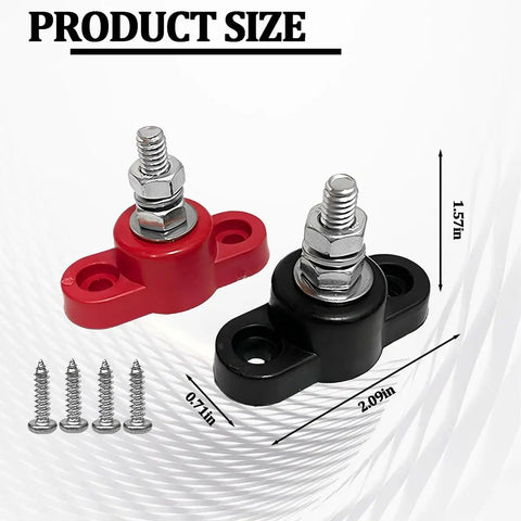2 Pack Heavy Duty Car Battery Junction Post Blocks featuring red and black nylon bases with stainless steel posts for 12 volt applications