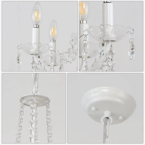 Close-up of Six Light White Crystal Candle Chandelier with clear pendant ornaments and prewired design for easy install.