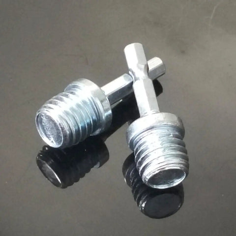 Heavy Duty 5/8 11 Male Thread To 1/4 Hex Shank Drill Adapter Pair with silver finish, shown at an angle, for rotary use.