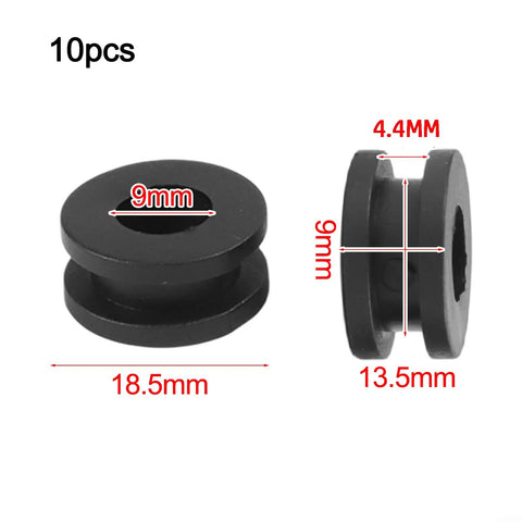 Complete Rubber Grommet Kit For Motorcycle Fairings, 10 Flexible Grommets That Fit Upper Middle Lower And Tail Cowls, Premium Rubber For A Snug Vibration Free Install On Sport Bikes And Many Models. 10pcs black rubber grommet, 18.5mm x 13.5mm, 9mm hole