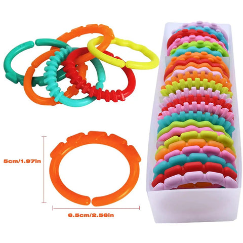 24 Pack Baby Link Rings Set for Hanging Toys on Crib Rail Car Seat and Stroller Travel with Storage Box Durable Flexible Linking Rings for Infants Boys and Girls Kid Friendly Early Learning Toy
