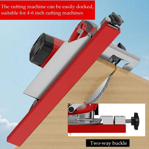 Close-up of Top Notch Adjustable Circular Saw Guide Rail for precision cutting, showing aluminum base and clamp on wood.