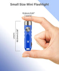 Ultra Bright Mini USB C Rechargeable EDC Flashlight With Clip Tiny But Mighty Keychain Light Delivers 650 Lumens For Camping Hiking Emergencies Blue Aurora A1 G4 shown held between fingers with size dimensions.