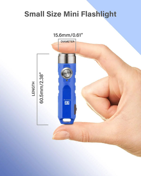 Ultra Bright Mini USB C Rechargeable EDC Flashlight With Clip Tiny But Mighty Keychain Light Delivers 650 Lumens For Camping Hiking Emergencies Blue Aurora A1 G4 shown held between fingers with size dimensions.