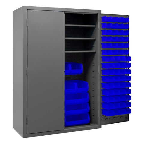 48 Inch Wide Rock Solid Steel Lockable Workshop Cabinet Featuring 138 Blue Hook On Organizers And Three Adjustable Shelves with smooth double doors.