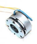 Front view of silver spring electromagnetic brake for stepper/servo motor with blue/yellow wiring, model YSB-75