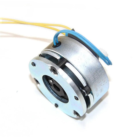 Front view of silver spring electromagnetic brake for stepper/servo motor with blue/yellow wiring, model YSB-75